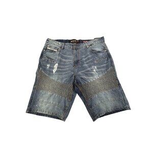 Ecko Unltd Relaxed Fit Denim Shorts Mens 40 Blue Distressed Moto Street